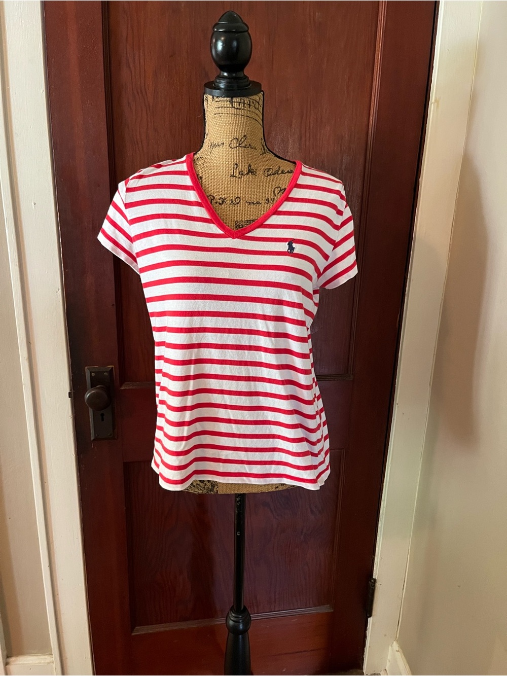 Ralph Lauren White and Red Striped V-Neck Short Sleeve Tee